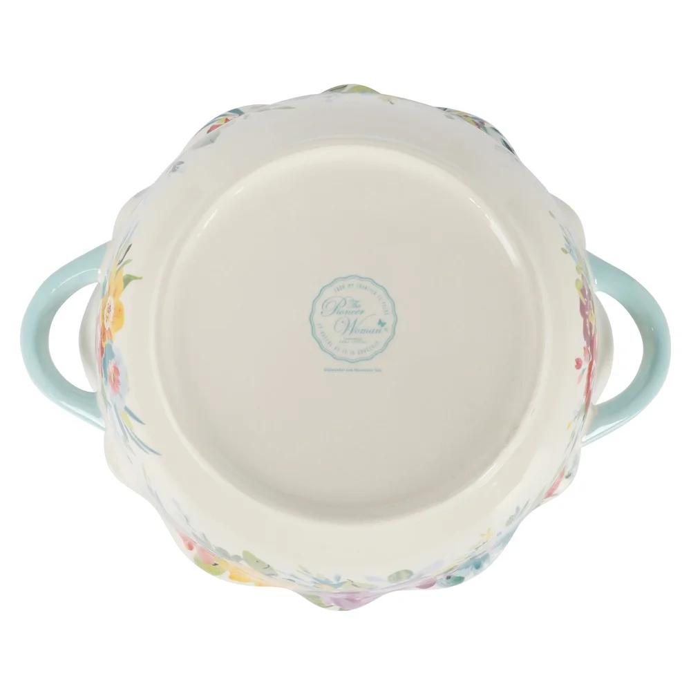 Sweet Romance Blossom Serving Bowl with Handles Scalloped Edge Microwave Dishwasher Safe Large Ceramic Bowl Decorative Kitchen
