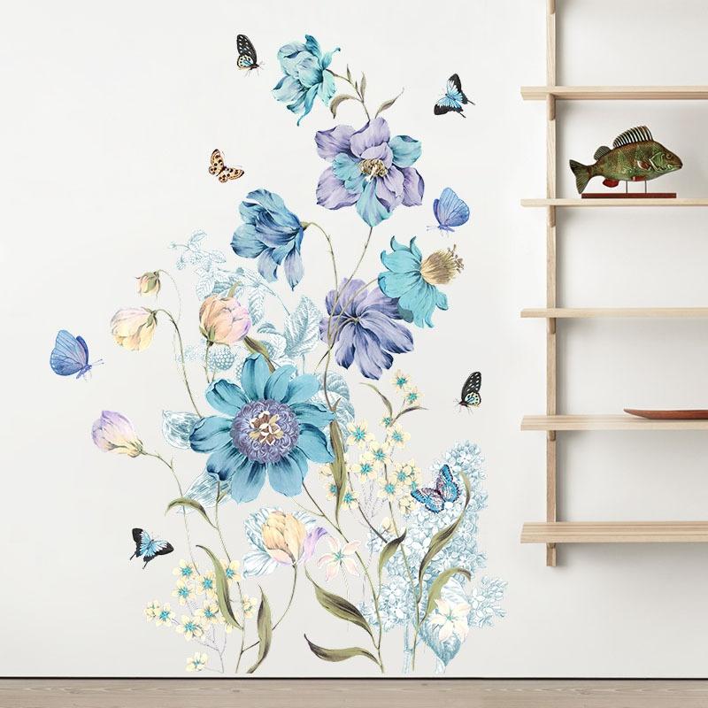 New Painted Blue Flower Butterfly Wall Sticker Living Room Bedroom Background Home Decoration Self-adhesive Wallpaper Plant Stickers