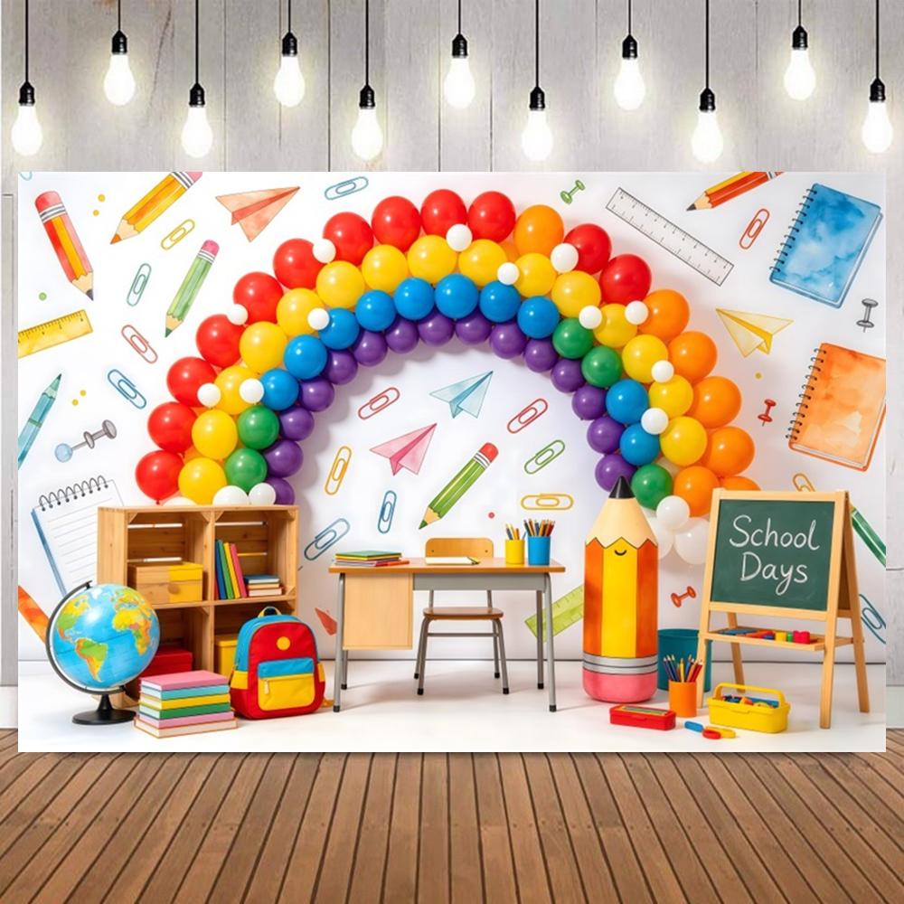 Back to School Rainbow Balloon Backdrop Stationery Pencil Ruler Backpack Globe Kids First Day of School Party Photo Backgrounds