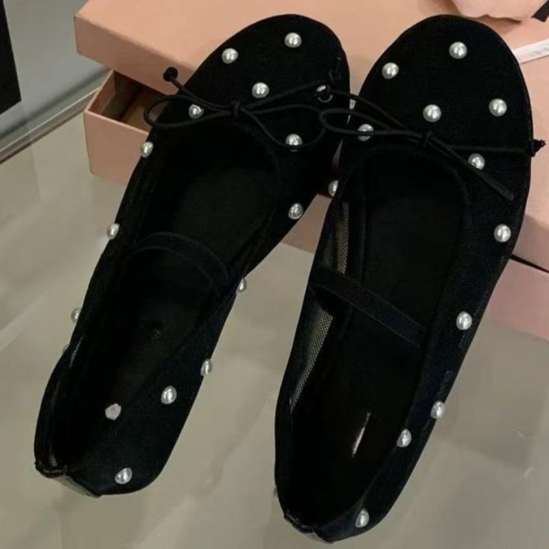 Rhinestone Single Shoes Women's Summer New Round Toe Shallow Mesh Breathable Bow Mary Jane Soft Sole Non-Slip Flats