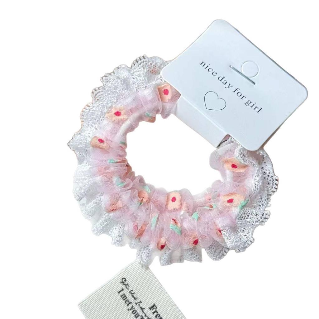 Lace Trim Macaron Color Elastic Flower Hair Tie - Korean Style