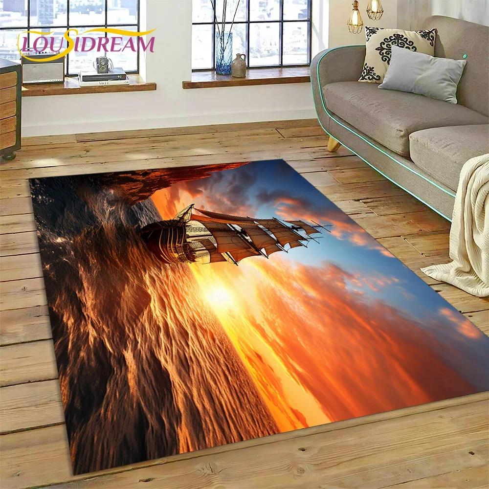 Ancient Pirate Ship Boat,Barque,Sailboa Carpet Rug for Bedroom Living Room Home Sofa Decoration,Child Game Large Decor Floor Mat