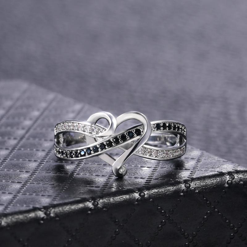 Hollow Heart Shape Black White Cubic Zirconia Lines Cross Ring Fashion Gift for Girlfriend Women's Jewelry High Quality