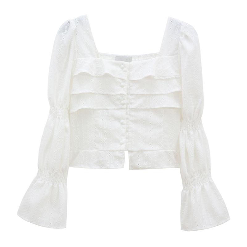 

Нежный стиль, кружевная рубашка с квадратным воротником для женщин, осенний темпераментный плиссированный универсальный короткий топ 2XL
