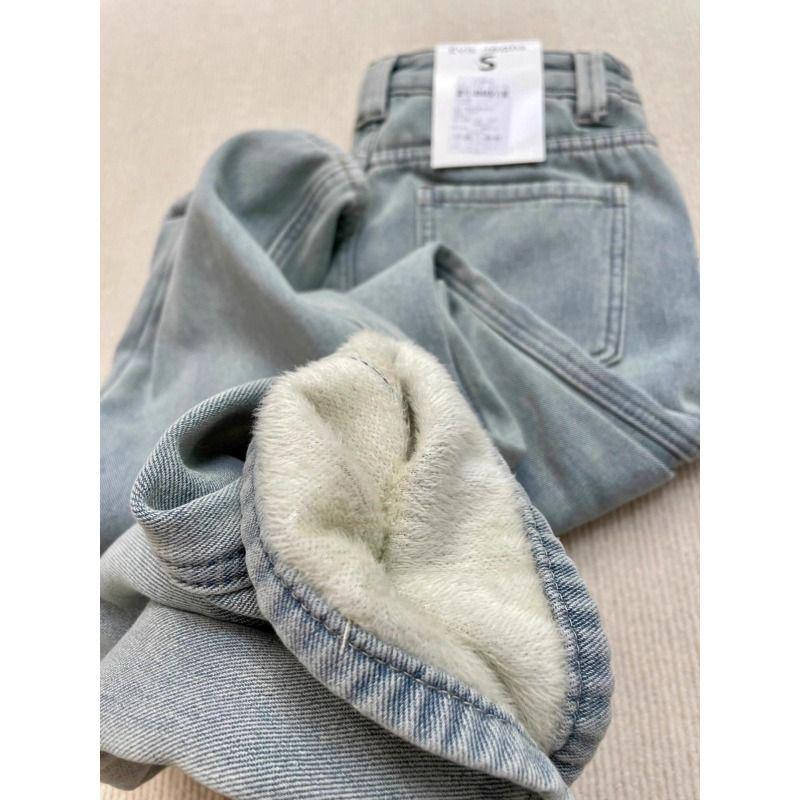 Ladies' Light Blue High Waist Plus Velvet Jeans - Warm, Straight Leg, Loose, Slimming, Versatile, Narrow to Wide Fit