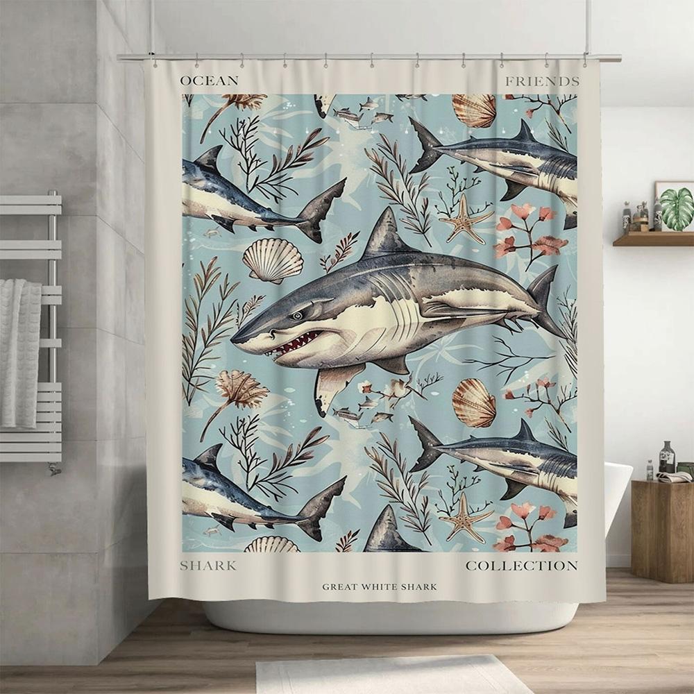 Ocean Friends Great White Shark Collection Waterproof Shower Curtain Bath Decor Blue Marine Life Theme Home Decoration 180x240cm
