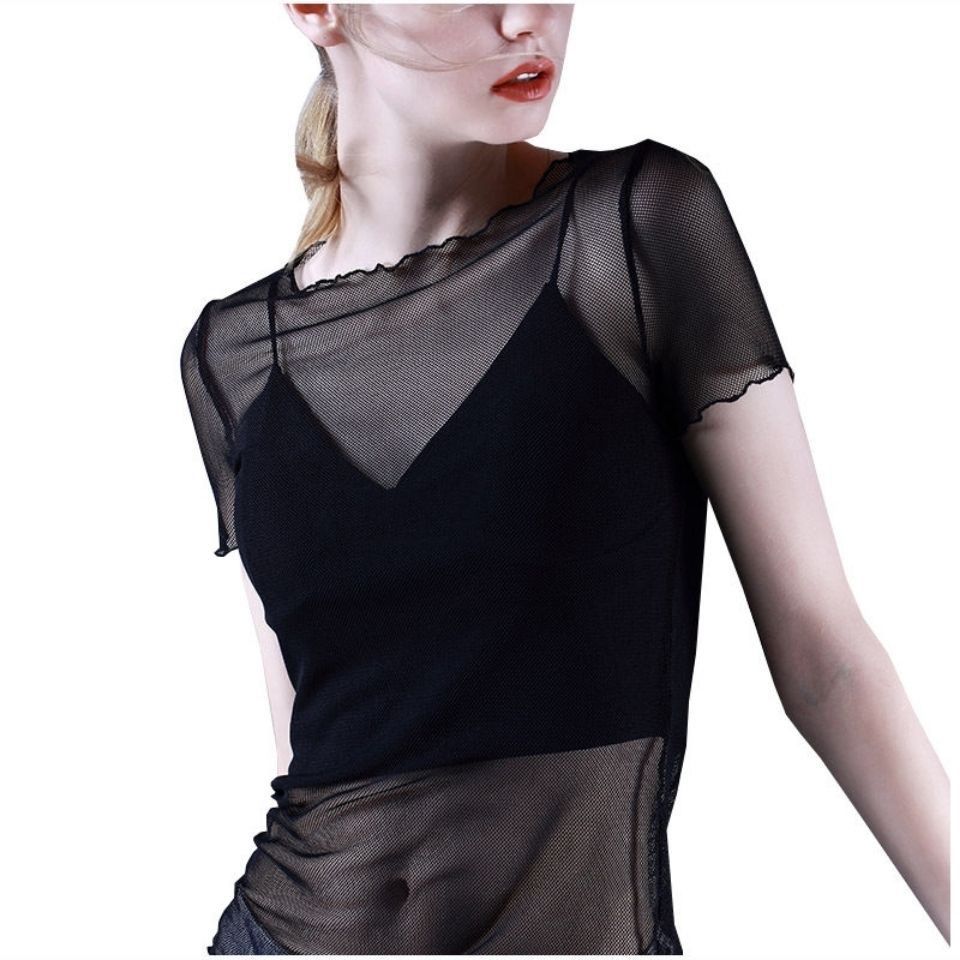 

Весенне-летняя прозрачная сетчатая рубашка с солнцезащитным кремом, круглый вырез, прозрачная футболка с короткими рукавами, облегающий внутренний топ для женщин XL чёрный