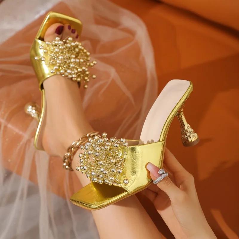 Summer New Style Fashionable Square Toe Women's Slippers String Beads High Heels Women's Sandals Ladies Shoes Zapatos De Mujer