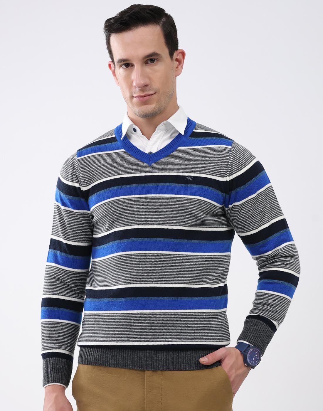 Monte Carlo Men V Neck Full Sleeves Pullover L серый/синий