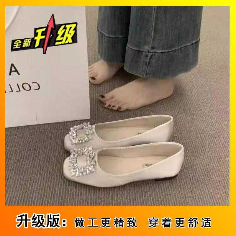 Premium shallow French rhinestone single shoes, spring and autumn 2025 new versatile black square head flat bottom beanie commuter shoes