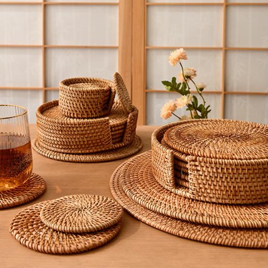 Handwoven Rattan Coaster Set Heat-Resistant Placemats for Cups Teapots Casserole Natural Eco-Friendly Rustic Table Protector for Home