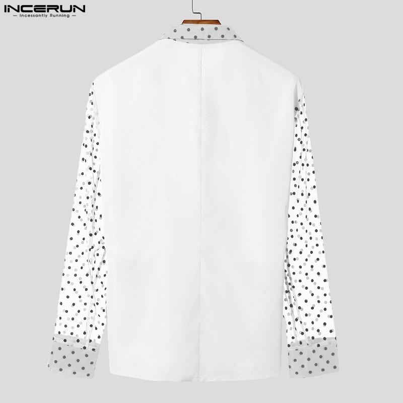 INCERUN Men Lapel Long Sleeve Mesh Sheer Polka Dots Back Patchwork Tops Cover Up