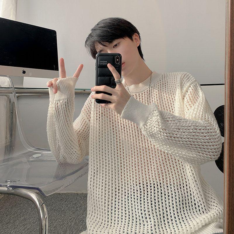 Herren Sommer Dünnes Karomuster T-Shirt: Trendiger Hong Kong Stil, Lochstrick, Langarm, Rundhals Überwurf