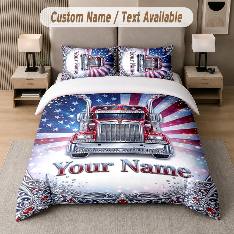 Truck Theme Custom Text Or Name 3Pcs Bedding Set 1 Flat Sheet & 2 Pillowcases Personalized Home Bedding