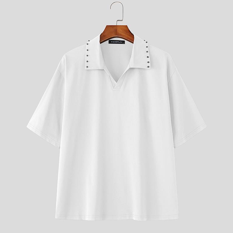 INCERUN Men Casual Turn-down Collar Short Sleeve Solid Color T-shirts