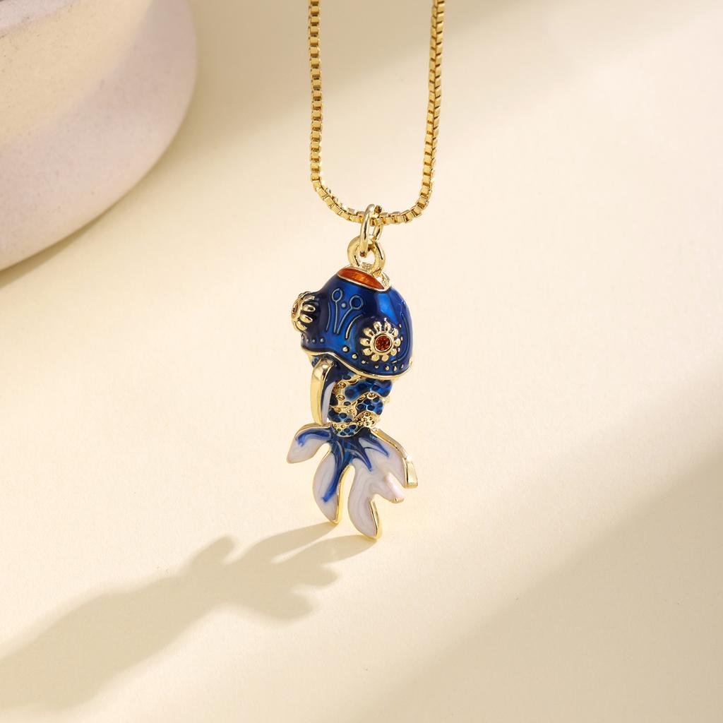 Nidin Cute Enamel Crystal Zircon Koi Fish Pendant Necklace Vintage Goldfish Chain Choker Lucky Animal Jewelry For Women Girls