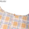 ZANZEA Women Summer Ruffles Sleeve Loose Casual Plaid Print Blouse