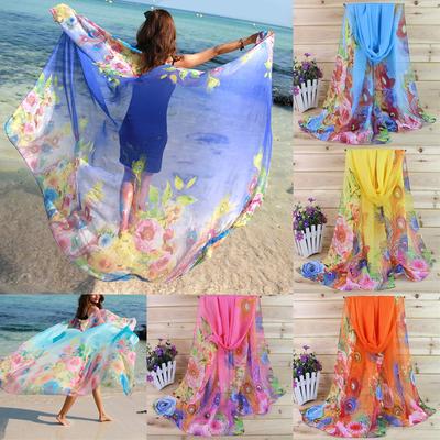 Damenmode Chiffon Schal Sonnenschutz Seidenschal Accessoires Langer Umhang Sommer Strandtuch Druck Floral Wickeltuch Sarong 160x50cm
