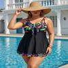 Plus Size Women's Colorful Feather Print Tankini Swim Skirt Set