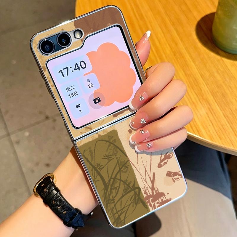 Oil Painting Flower Pattern Case For Samsung Galaxy Z FlIP 7 FE 6 5 Plating PC+PU Leather Hybrid Folding Cover For Samsung Z Flip7 Flip6 Flip5