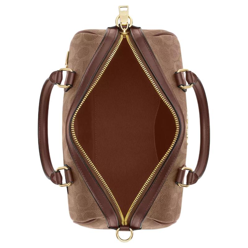 Coach Rowan 25 Aufkleber Aufgedruckter Reißverschluss Beschichtetes Canvas Schulter Crossbody Tote Medium Damen Tan und Braun