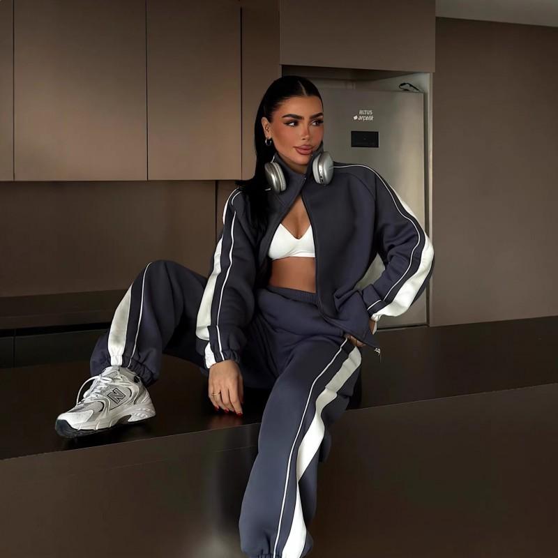 2026 Womens Fashion Casual Set Color Block Zip Up Cardigan Pants Two Piece