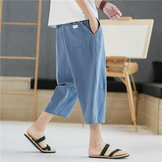 Men's Cotton and Linen Cropped Trousers - Lightweight Summer Casual Shorts for Middle-Aged and Elderly.