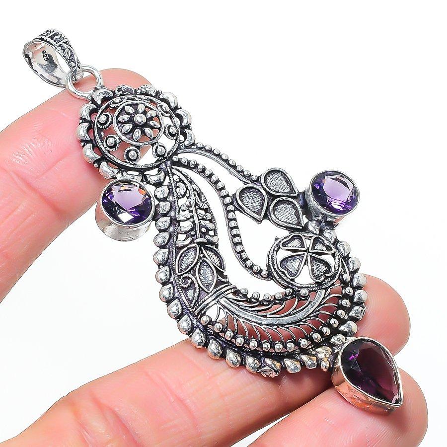 Natural Amethyst Gemastone 925 Sterling Silver Jewelry Pendant 3.43" AP-14667