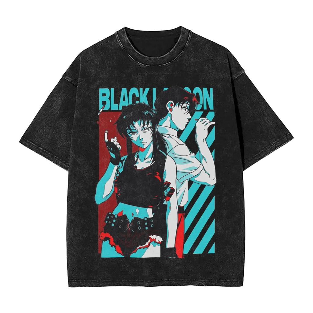 Classic Retro Anime Black Lagoon Graphic Print TShirt Women Men Vintage Washed Oneck Cotton Summer New Tee Loose Oversized Top