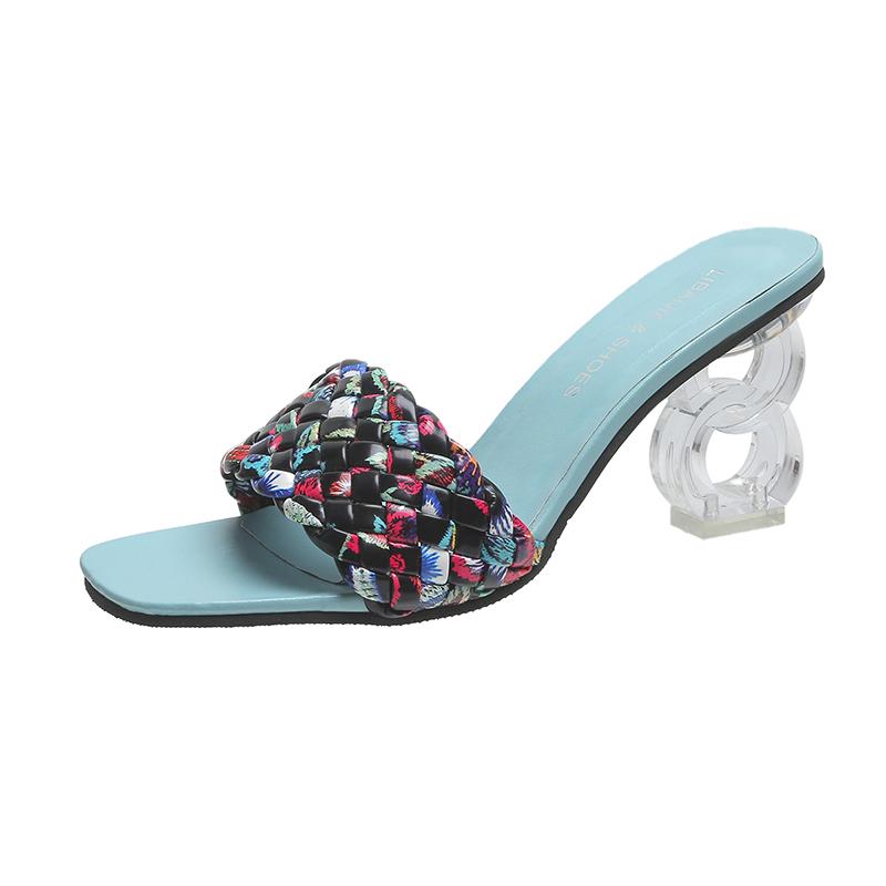 Plus Size Women's Woven Design High-heeled Slippers Summer New Thick Colorful Woven Anti-slip Fashion Open-toed Slippers.