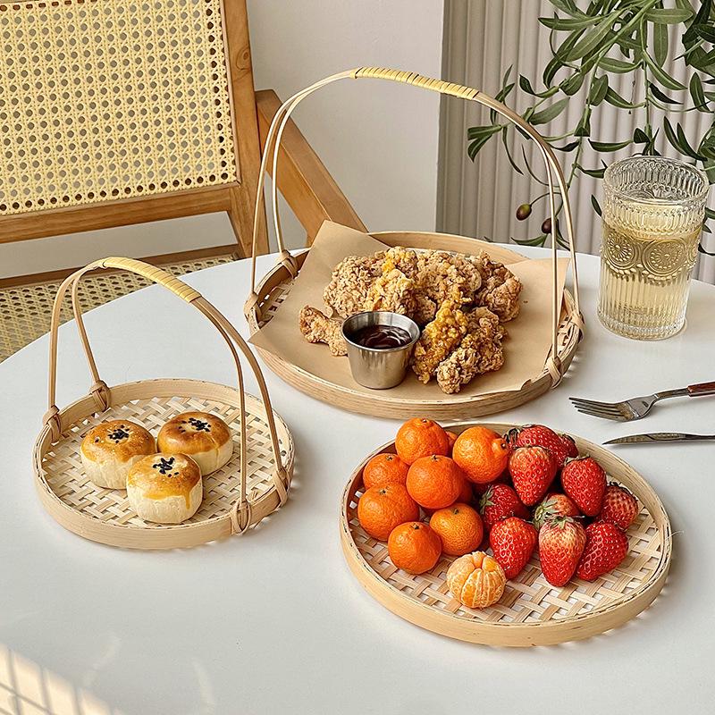 Artisanal Bamboo Woven Snack & Fruit Tray with Handle
