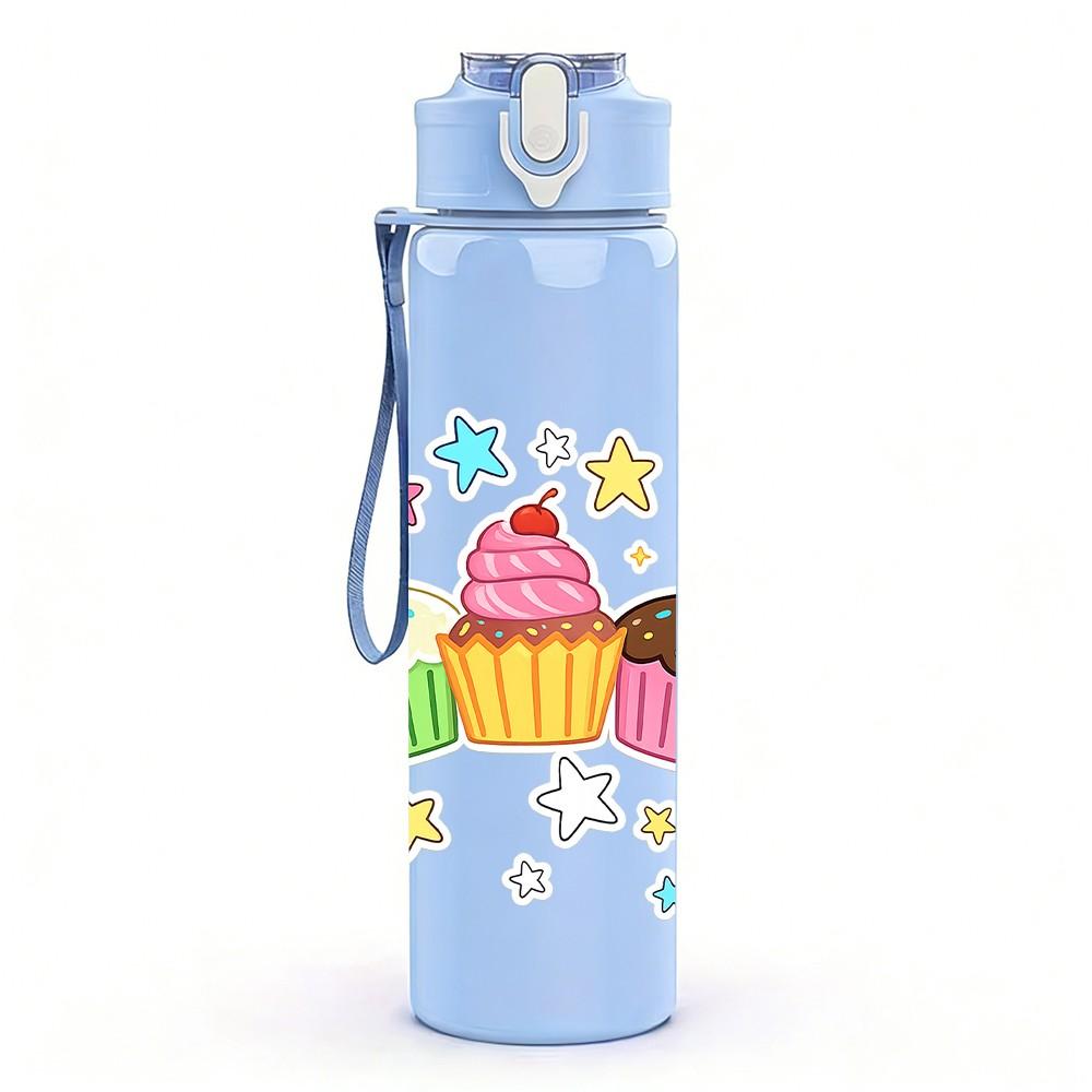 1PC Cupcake Birthday Party Dessert Print 750ml Color Plastic Sports Water Bottle Leakproof Flip Straw Lid Suitable for Sports Office Home Use