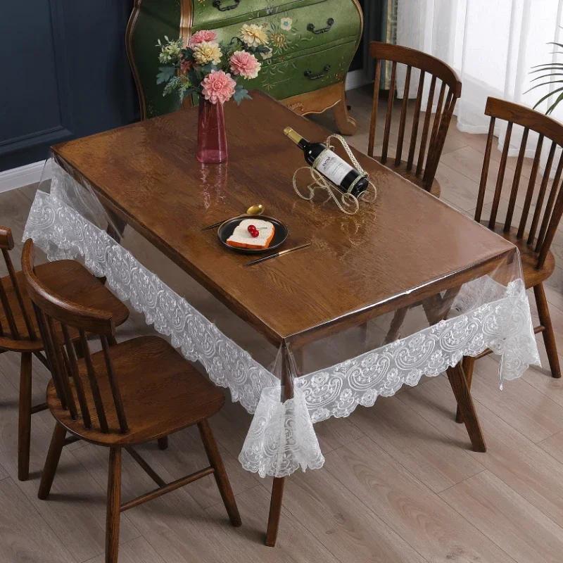 New Tablecloth European Lace PVC Waterproof and Oil-proof Furniture Dustproof Cloth Lace Hem Transparent Tablecloth for Home