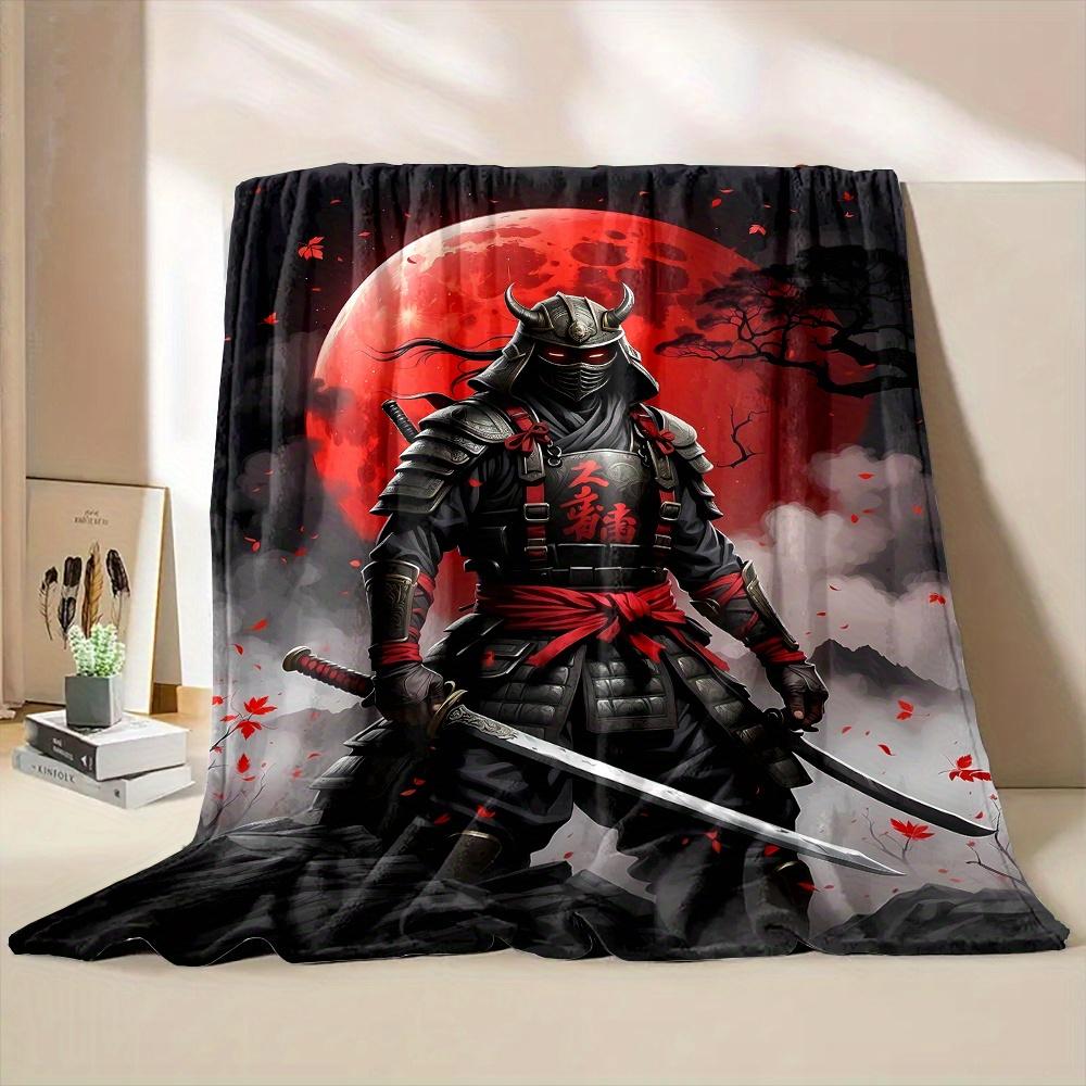 Japanese Warrior Sword Red Moon Print Art Blanket - Soft All-Season Multi-Purpose Throw for Sofa, Bed, Travel, Decor & Gift