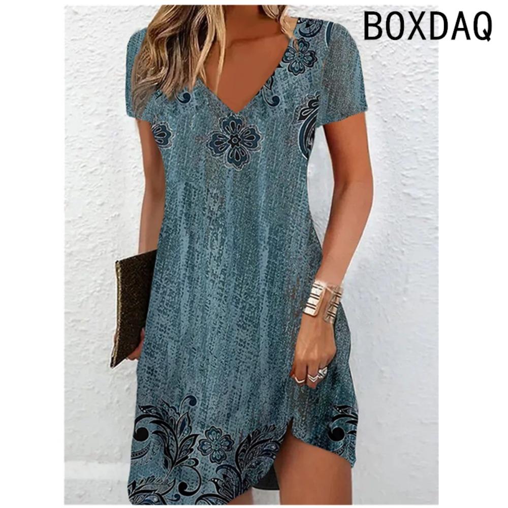 Abito Estivo Manica Corta Scollo a V Festa in Spiaggia Floreale Colorato 3D Casual A-line Taglia Grande 3XL Donna Abito da Esterno Vestito da Sole