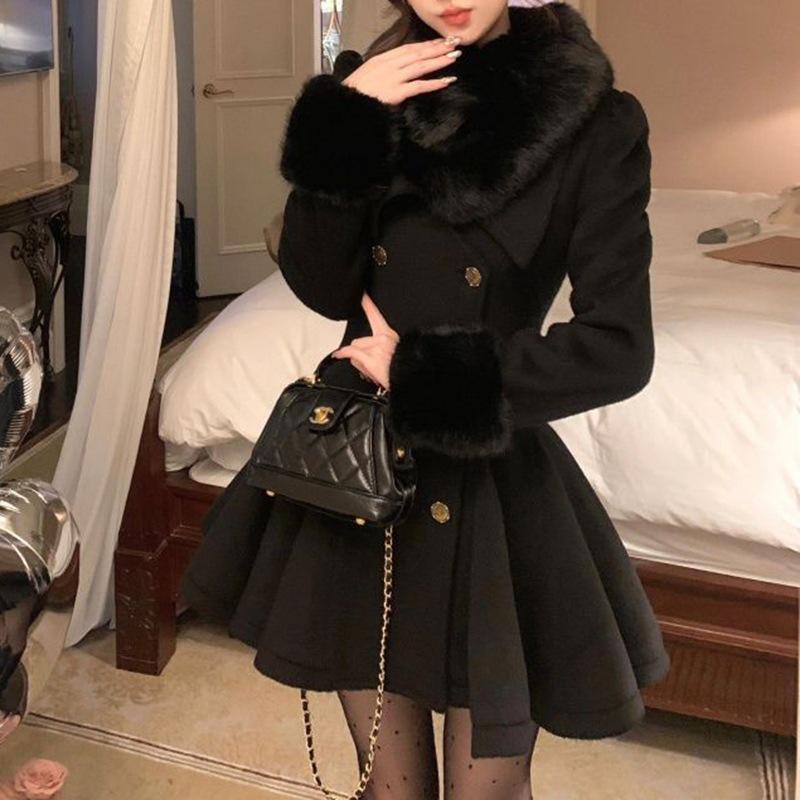Elegant Woolen Long-Sleeve Coat with Cinched Waist for Women