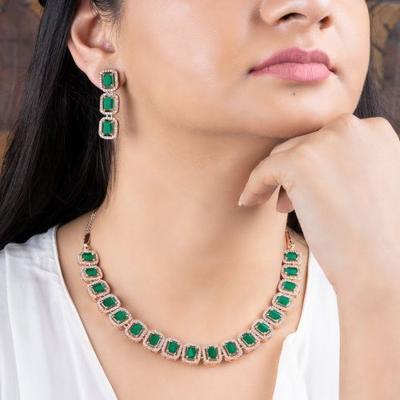 Rose Gold Zirconia Emerald Necklace Set for Women