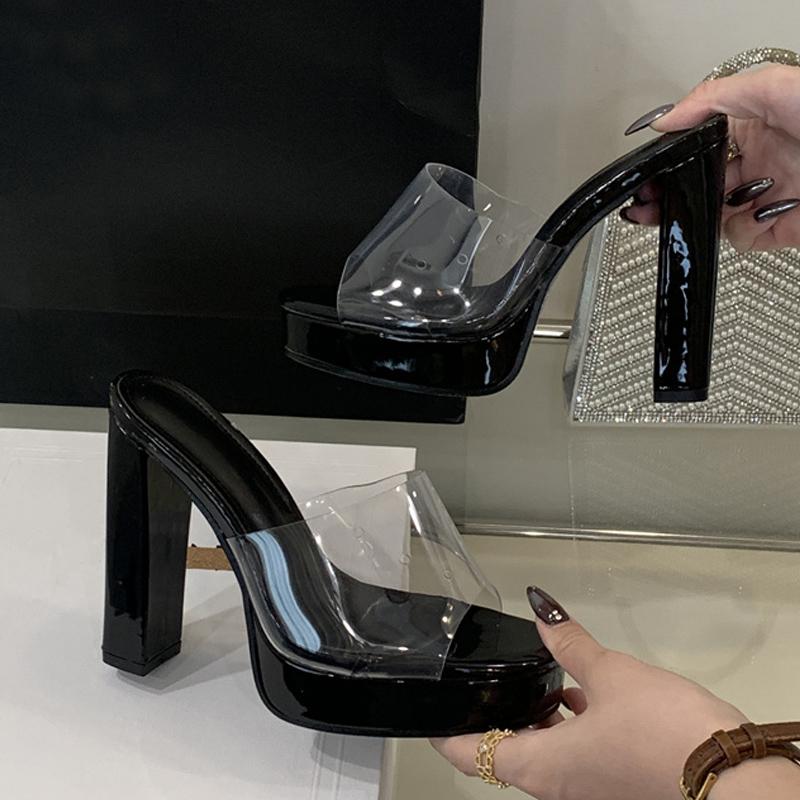 Summer Square Toe 12CM Thick High Heels Platform Slippers Ladies Chunky Sandals PVC Transparent Shoes Women Zapatos Mujer