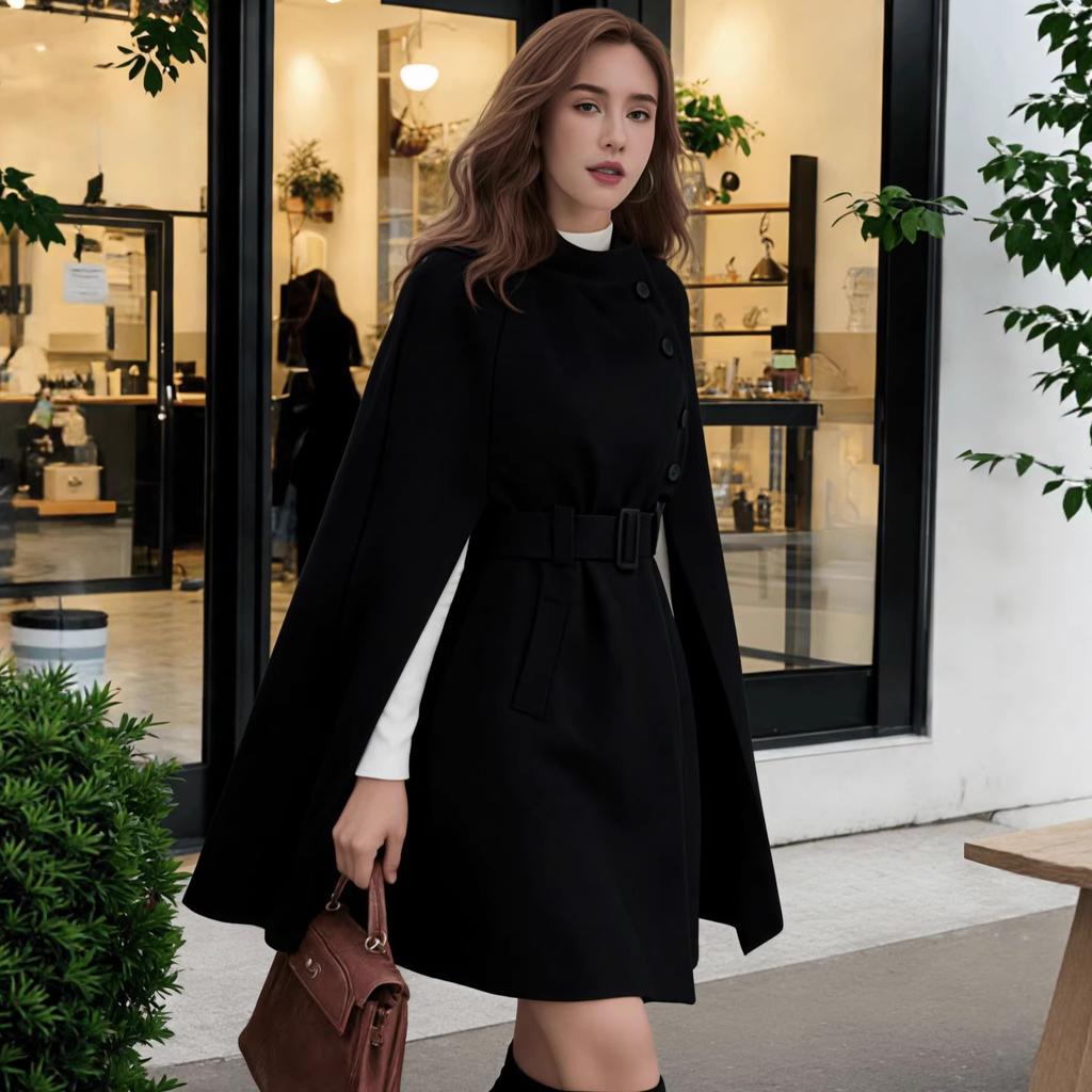 Autumn and Winter New French Celebrity Temperament Medium and Long Cape Woolen Shawl Woolen Coat Coat Women's Fashion