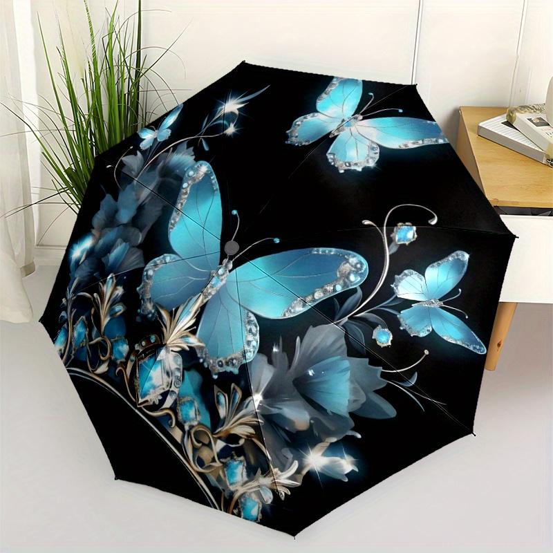 1pc Automatic Open/Close Umbrella with Crown & Butterfly Design - Lightweight Portable 8-Rib Iron Frame, Elegant Blue Butterfl