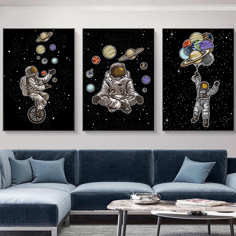 Astronaut with Planet Cartoon Nursery Child Plakát Roztomilá umělecká reprodukce Nástěnná malba Dekorace Obrázek Nordic Kid Dětská výzdoba pokoje