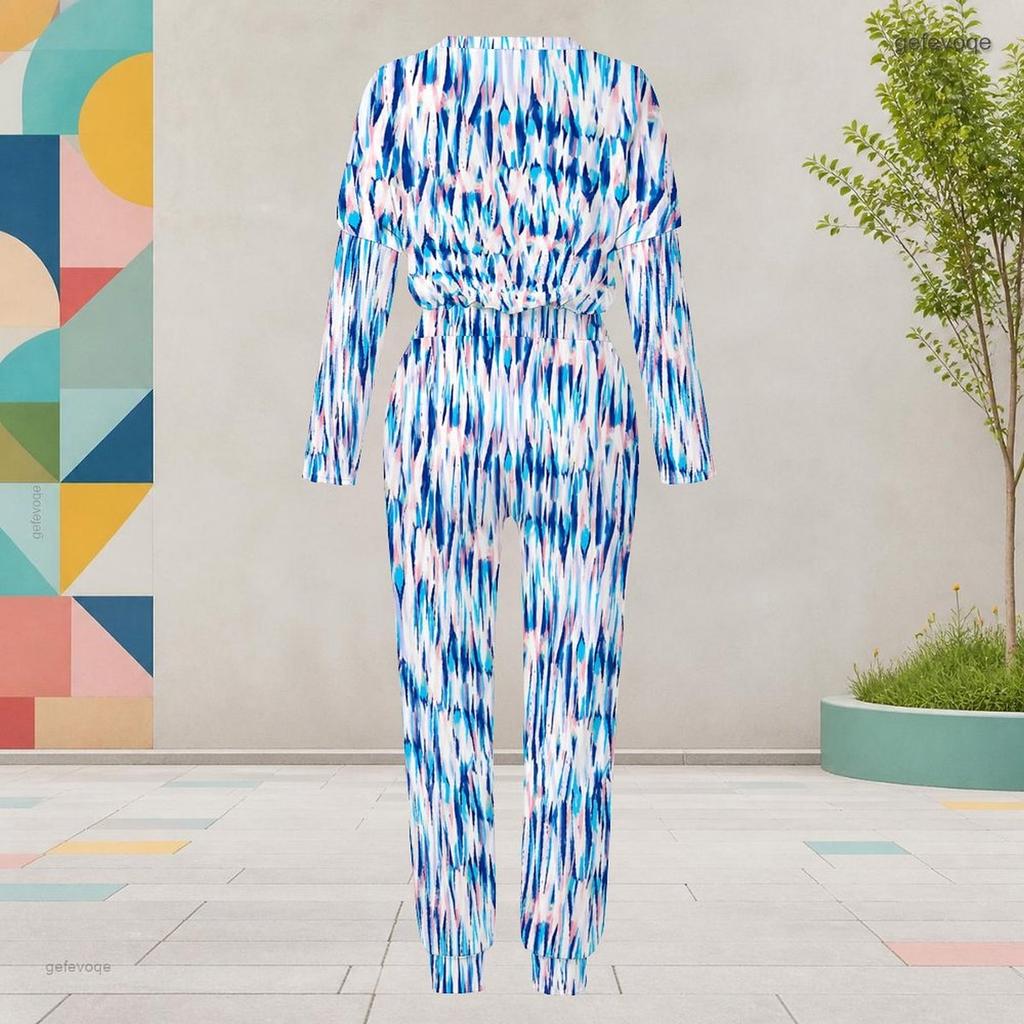 Women Plus Size Patchwork Printed Round Neck Long Sleeve Cuffed Top And Pants With Pockets Two Piece Set