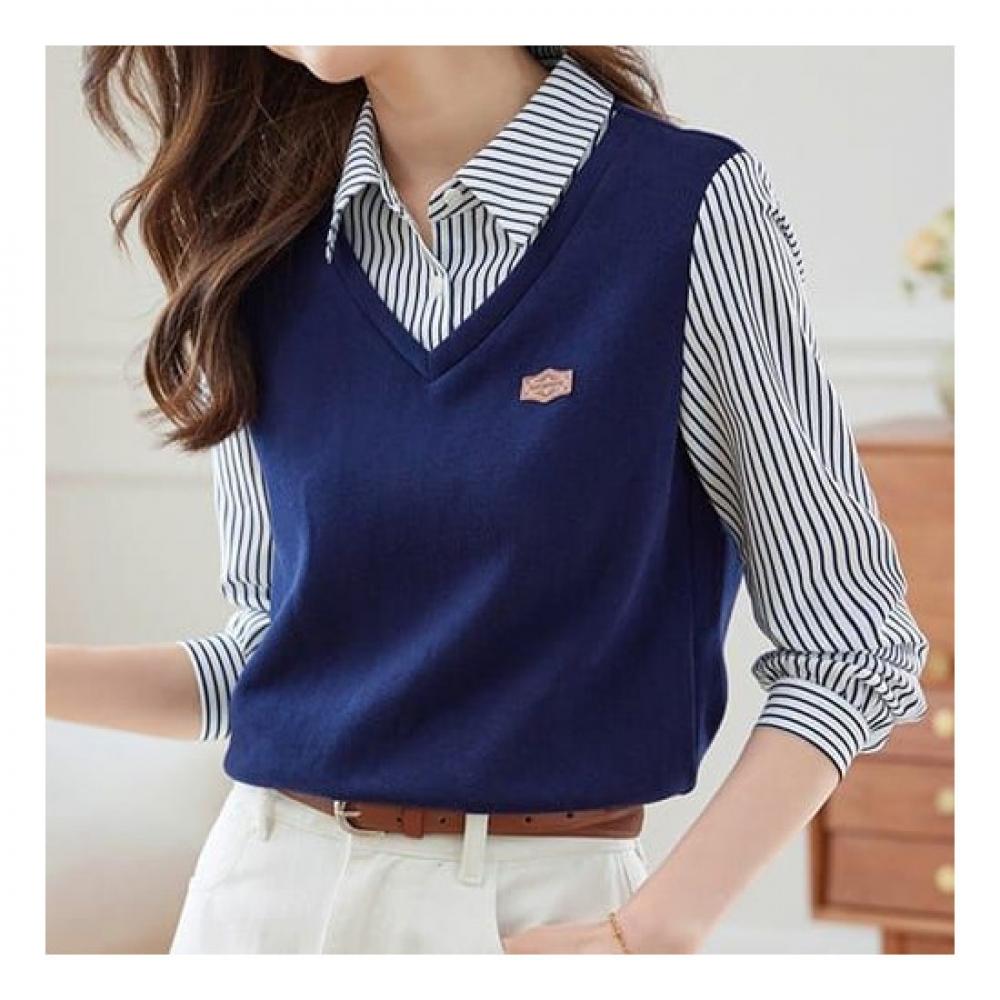 Navava Men Casual Stripe Two In One Long Sleeve Collar Shirt Nb1933
