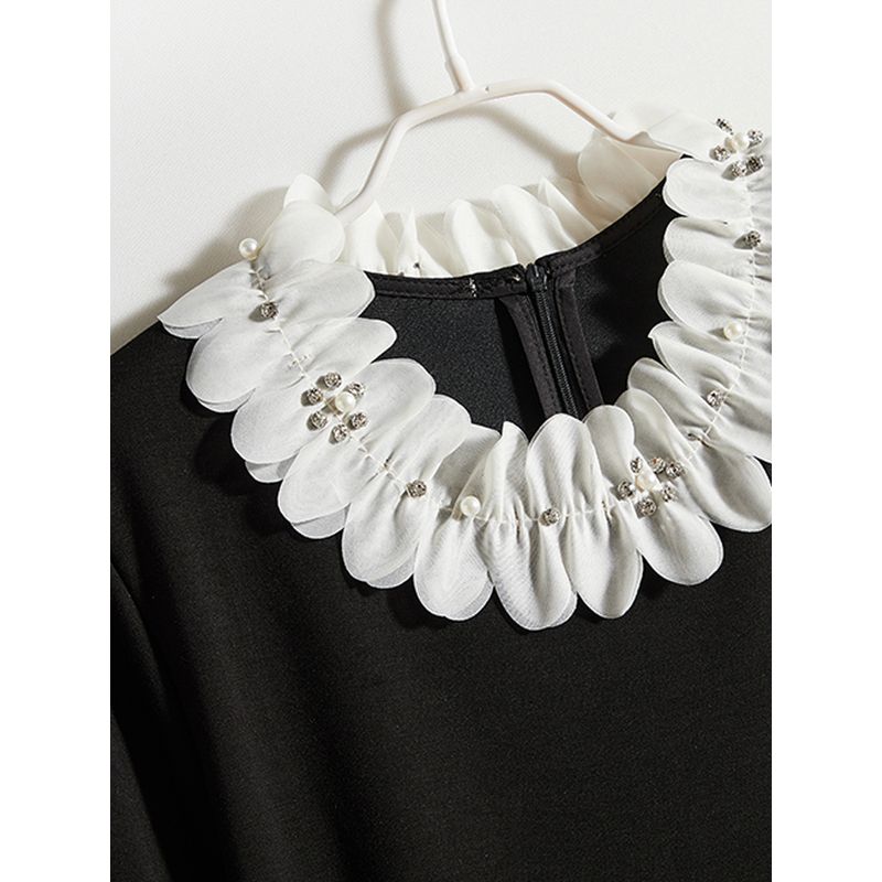 Digital Cutting Three-Dimensional Petal Collar Black Dress! Women's Fall and Winter Composite Cotton Ruched Fishtail Long Sleeves Pockets Dress