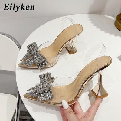 Summer PVC Transparent Pointed Toe Women Pumps Fashion Crystal Rhinestone Butterfly-knot High Heel Ladies Sandals