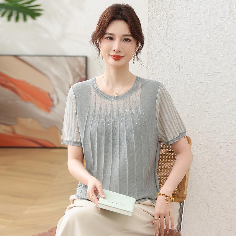 Fashionable Summer Ice Silk Short Sleeve Knit T-shirt for Middle-aged & Plus Size Women