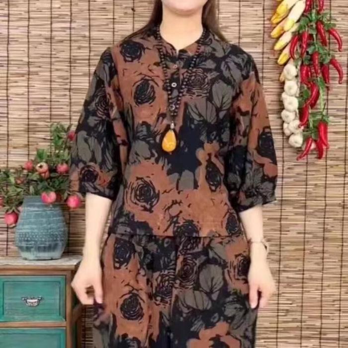 Summer Loose and Slimming Printed Casual Suit - Youthful, Concealing Fat, Fashionable and Retro Harem Pants Set of Two Pieces