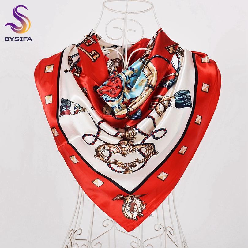 BYSIFA|Navy Blue Pink Silk Square Scarf Printed Women Brand Satin Scarves Shawls China Style Peach Blossom Design Head Scarf