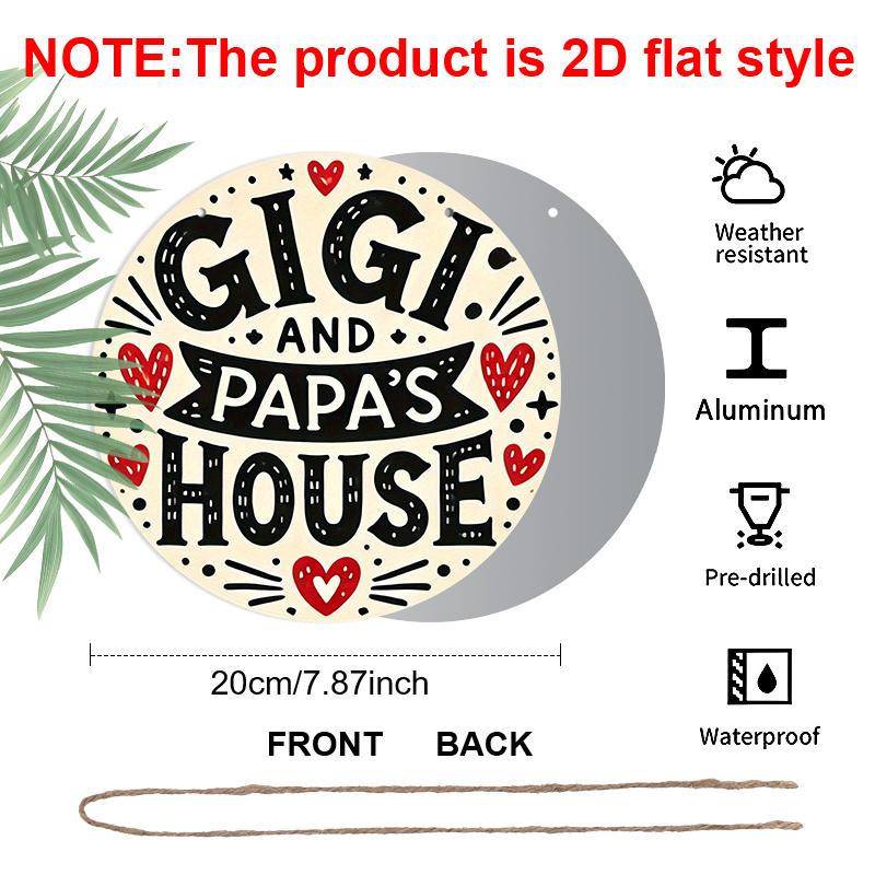 2D Flat, 1pc Round Aluminum "Gigi and Papa's House" Sign, Cute Heart & Star Wall Decor, Whimsical Black and White Style, Waterproof & Durable