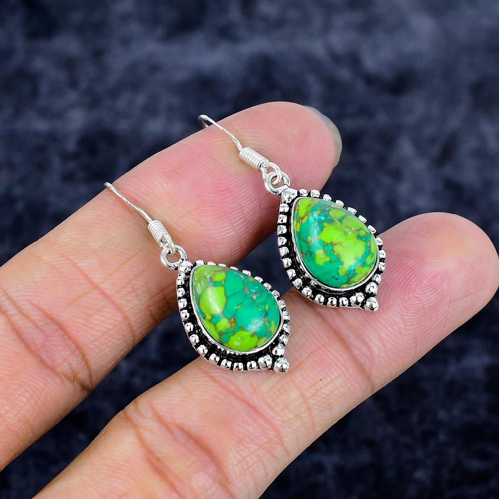 Copper Green Turquoise Gemstone 925 Sterling Silver Jewelry Earring 1.58" M-3369